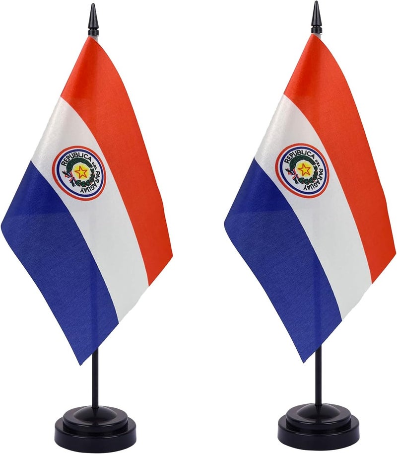 WXTWK 2 Pack Paraguay Flag Paraguay Deluxe Desk Flag Set - Mini Small Paraguay Table Office Flags with Black 12" Solid Pole Stand Base Classroom Meeting Desktop Decorations - Image 1